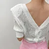 Chemisiers pour femmes été Vintage dos nu court tricoté chemises hauts courts évider tricots femme mince chandails 2023