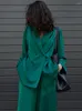 Women's Two Piece Pants Elegant Green Satin Spring Long Sleeve Blazer Shirts & Baggy Wide Leg Straight Trousers Sets Women Office OL Outfits