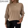 Kadın Sweaters Logami Yuvarlak Boyun Twist Örgü Kazak Sonbahar/Kış Fener Sleeve Sweater Kadın Jumper'ları L230718