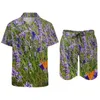 Fatos de treino masculinos Roxo Lavanda Conjuntos masculinos Campo Natureza Planta Calções casuais Conjunto de camisas de moda praia Conjunto de manga curta Design Plus Size Terno