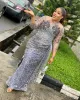 Plus La Taille Arabe Aso Ebi Argent Sirène Sparkly Robes De Bal Sheer Cou Cristaux Soirée Formelle Deuxième Réception Robes Robe