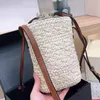 Gras gewebte Gemüsekorb-Tasche, Bündelung von Eimertaschen, Leder, Briefdruck, Handtasche, Geldbörse, verstellbarer Leder-Schultergurt, Damen-Schulter-Geldbörse