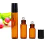 5ML 1 / 6OZ Ambre Verre Roll On Bouteille Vide Huile Essentielle Parfum Rollon Tube Métal Roller Ball Bouteille Couvercle Noir Voyage Portable Rolti