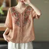 Ethnic Clothing 2023 Summer Autumn Chinese Style Women Retro Blouse Flower Embroidered Cotton And Linen Comfortable Top Zen Clothes