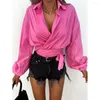 Женские блузки элегантный поворотный воротничный рукав женский рубашка Tops 2023 Весенние повседневные твердые сплайсированные стройные рубашки блуз блуза Blusas