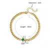 Cavigliere Corona di zirconi di lusso per donna Acciaio inossidabile placcato oro Bracciale alla caviglia con catena cubana in cristallo verde quadrato Gioielli Boho