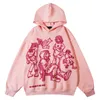Vestiti da strada dipinti a mano Felpa con cappuccio rosa Felpa con cappuccio con motivo a cartoni animati divertenti Felpa con cappuccio autunno graffiti Harajuku