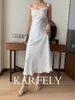 Casual Dresses KARFELY/Acetic Acid Satin Dress Swinging Collar Triacetic Sling Sexy And Gentle Peach Long Style