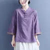 Etniska kläder cheongsam kvinnors plus size topps 2023 sommar bomullsblandning splittring broderi stativ krage kinesisk stil qipao skjortor kvinna