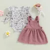 Conjuntos de roupas infantil bebê recém-nascido meninas vestido 2pcs conjunto manga longa coelho flor impressão e coração retalhos suspender vestido