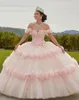 Blush Pink Princess Off ramię Quinceanera sukienki Gillter Tiulle spódnica 3D kwiatowy koronkowy gorset furset vestidos de 15 anos