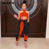 Kvinnors tvåbitar byxor CM.Yaya Kvinnor Tracksuit Patchwork Halter Crop Tops Pockets Pants Two 2 Piece Set Sexiga Streetwear Fashion Outfits Summer 230717