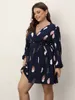 Basic Casual Dresses Finjani Plus Size Dress Sexy Deep V-Neck Feather Print Party Dress Trendy Butterfly End Waist Belt Women's Dresses 230717