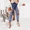 Women's Jeans Denim Button High Waist Pocket Elastic Hole Trousers Slim Pants 90s Vintage Clothes