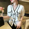 Women's Sweaters 2022 Summer Thin Ice Silk Knitted Cardigan Women's Korean Chic VNeck Singlebreasted Short Sleeve Sweater Femme Knitwear Tops J230718 J230718