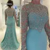 2019 vert menthe Vintage gaine robes de bal à manches longues perles manches longues appliqué soirée robe de soirée2970