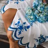 Sukienki swobodne bohemijska sukienka letnia 2023 Vintage niebieska haft damskie krótkie rękawowe guziki w dekolcie z przodu boho długie bawełniane vestidos