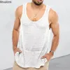 Mens Tank Tops Summer Top Loose Knit Sports Vest Fashion Solid 100% Viscose Sleeveless Male Tshirt Breattable Mesh 230717