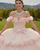 Blush Pink Princess Off ramię Quinceanera sukienki Gillter Tiulle spódnica 3D kwiatowy koronkowy gorset furset vestidos de 15 anos