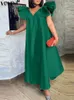 Grundläggande avslappnad klänning Summer Party Satin Dress 2023 Sexig V Neck Long Maxi Sundress Vonda Elegant Short Sleeve Robe Femme Ruffled Beach Vestidos 230718