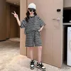 Clothing Sets Hot Casual New Loose Sport Trousers Children Girl Suit Summer Five Quarter T-shirt Short 2PC Teens Stripe Pant