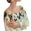 Kvinnors blusar Silk Womens Sexig Off Axel Long Puff Sleeve Short Tops Loose Casual Blouse Lady Brodery Flower Shirt