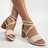 Sandals 36-42 Large Chunky Heels High Women's Summer Ribbon Knitted Zipper Roman Fashion