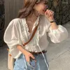 Women's Blouses Korean Long Puff Sleeve Women Clothing Spring Cotton V-neck Shirt Sweet Soft Tops Casual Lace-up Girls White Blouse Blusas