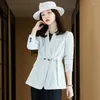 Damenanzüge Mode Chic Blau Gestreift Frauen Blazer Mit Gürtel Zweireiher Herbst Weibliche Anzug Jacke Langarm Outwear Blaser Femme