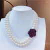 Chaînes 2 rangées collier de perles d'eau douce blanc près de la ronde 44-46 cm fleur de zircon rouge en gros perles de nature