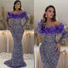 Robe de soirée sirène violette plumes hors épaule paillettes robes de bal de soirée manches longues train de balayage robe longue formelle pour une occasion spéciale de tapis rouge