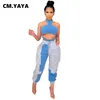 Kvinnors tvåbitar byxor CM.Yaya Kvinnor Tracksuit Patchwork Halter Crop Tops Pockets Pants Two 2 Piece Set Sexiga Streetwear Fashion Outfits Summer 230717