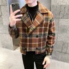 Men's Wool Blends Wool Blend Trench Coat Hommes Veste Abrigo Largo Hombre Woolen Coat Men Short Erkek Mont Korean Slim Plaid Jacket Men Tweed Coat HKD230718