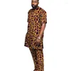 Homens Tracksuits Homens Africanos Imprimir Set Long Placket Tops Cintura Elástica Calças Nigerian Moda Mangas Curtas Noivo Terno para