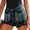 Damen Jeans Damen Strass und Denim -Shorts mit mittlerer Aufstieg gerissen Saum dehnbar