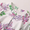 Robes décontractées Feuilles vertes et imprimé de fleurs violettes Évider Broderie O-cou à manches longues -Longueur Poches ouvertes Robe élégante pour dames