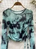 Women's T Shirts Korean Tie Dye Gauze Long Sleeve Tshirts Women Summer Drawstring Pleated Crop Top Fashion Casual All Match T-shirt Y2k