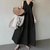 Casual Dresses Women Maxi Dress Loose Sleeveless Vest Type Solid Color V Neck Hem Soft A-line Ankle Length Lady Summer Dating