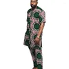 Homens Tracksuits Homens Africanos Imprimir Set Long Placket Tops Cintura Elástica Calças Nigerian Moda Mangas Curtas Noivo Terno para