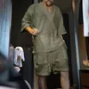 Hommes Survêtements Deux Pièces Pull Décontracté Ensemble Solide Demi Manches Col En V Tricoté T-shirt TopDrawstring Shorts Lâche Rue Vêtements 230718