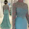 2019 Mint Green Vintage Sheath Prom -klänningar Lång ärmpärlor Långärmar Appliced ​​Evening Party Gown270f