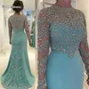 2019 Mintgrünes Vintage-Abschlussballkleid mit langen Ärmeln, Perlen, langen Ärmeln, applizierten Abendpartykleid270F