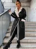 Women's Jacket Faux Leather Paneled Lapel Overcoat 2023 Spring Chic Warm Long Sleeve Loose Female Coats Office Lady Elegant Pocket Coat 230718