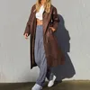 Women's Leather Fall Trench Casual Fashion Chic Belted Faux Coat Vintage Lapel Long Sleeve Slim Fit Solid Color Jacket