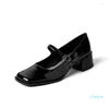 Sapatos sociais de grife 2023 salto grosso prateado de 5 cm para mulheres com fivela e salto quadrado no dedo do pé med Heele couro envernizado feminino