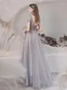 Abiti da festa Abito da ballo viola grigio O-Collo Applique Paillettes Pizzo Maniche corte Senza schienale A-Line Tulle Lunghezza pavimento Abiti da sera eleganti