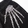 Jeans Masculino Escuro Serious Bone Bordado Mão Esqueleto Perna Larga Hip Hop Calças Largas Casual Calças Denim Board Dance de Rua Principal