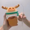 Tazze Tazza da cartone animato 3D Bottiglia d'acqua Kawaii Vetro ecologico con occhiali di cannuccia Tazze carine Bottiglia d'acqua