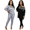 Women's Two Piece Pants 2023 Winter Women Sets Full Sleeve Sequined Top Suits Set Casual Tracksuits Loose Fitness Streetwear Outfits