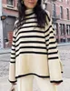 Women's Sweaters Striped Split Turtle Neck Women's Sweater Long Sleeve 2022 Knitted Extra Large Autumn Winter Women's Brushed Fashion Long Sleeve Top L230718